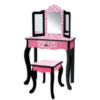 Fantasy Fields Gisele Leopard Print Kids Vanity Table & Stool, Black & Pink