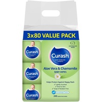 3 x 80 Value Pack Curash Aloe Vera & Chamomile Baby Wipes - Ideal for Newborns - Ligthly Scented - Kind to Skin - Soap  Alcohol  Paraben & Irritant Free - Wet Wipes - Baby Essentials  240 wipes