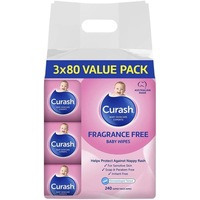 3 x 80 Value Pack Curash Fragrance Free Baby Wipes - Ideal for Newborns - pH Balanced - For Sensitive Skin - Soap  Alcohol  Paraben & Irritant Free - Wet Wipes - Baby Essentials  240 wipes
