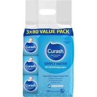 3 x 80 Value Pack Curash Simply Water Baby Wipes - Ideal for Newborns - pH Balanced - Thick and Soft Design - Soap  Alcohol  Paraben & Irritant Free - Wet Wipes - Baby Essentials  240 wipes