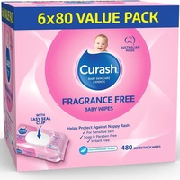 6 x 80 Value Pack Curash Fragrance Free Baby Wipes - Ideal for Newborns - pH Balanced - For Sensitive Skin - Soap  Alcohol  Paraben & Irritant Free - Wet Wipes - Baby Essentials  480 wipes