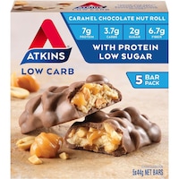 Atkins Caramel Chocolate Nut Roll Bar 220g, High Protein & Fibre, Pack of 5
