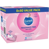 Curash Fragrance Free Baby Wipes - Ideal for Newborns - pH Balanced - For Sensitive Skin - Soap  Alcohol  Paraben & Irritant Free - Wet Wipes - Baby Essentials - 8 x 80 Value Pack  640 Wipes