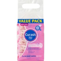 Curash Fragrance Free Baby Wipes - Ideal for Newborns - pH Balanced - For Sensitive Skin - Soap  Alcohol  Paraben & Irritant Free - Wet Wipes - Baby Essentials - 5 x 20 Value Pack  100 wipes