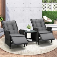Livsip Rattan Recliner Chairs Sun Lounge & Table Wicker Day Bed Outdoor Furniture Set of 3