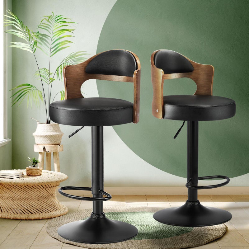 Oikiture Bar Stools Kitchen Swivel Barstool Chair Gas Lift Metal Leather Black¡Á2