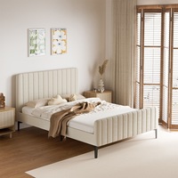 Oikiture Bed Frame Double Size Beds Platform Velvet Fabric Beige