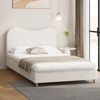 Oikiture Bed Frame Double Size Boucle Cloud Shape Headboard Wood Slats White