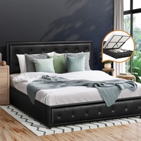 Oikiture Bed Frame Double Size Gas Lift Black Leather 