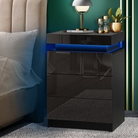 Oikiture Bedside Table RGB LED Nightstand Cabinet 3 Drawers Side Table Furniture