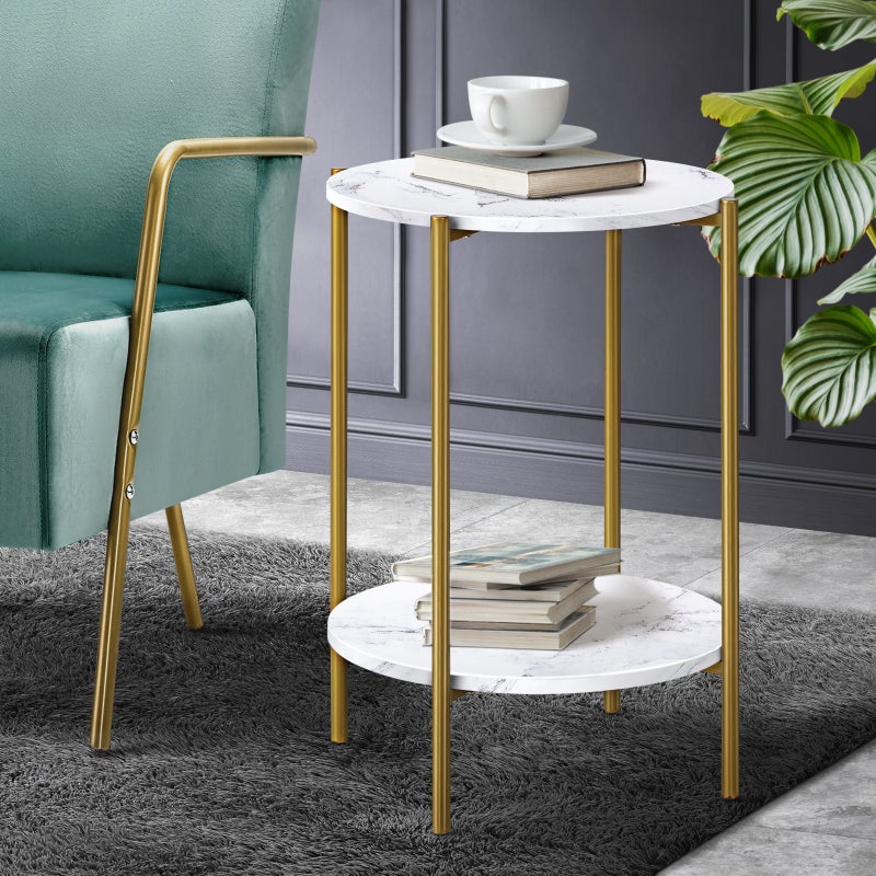 Oikiture Side End Table Coffee Sofa Bedside Nightstand Marble Round Dual-Tier White