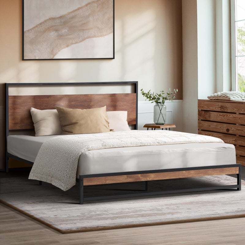 Oikiture Bed Frame Queen Size Metal Frame Wood