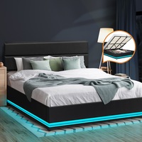 Oikiture RGB LED Bed Frame Gas Lift Base With Storage King Size Black Leather