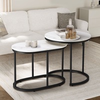 Oikiture Set of 2 Coffee Table Round Oval Marble Nesting Side End Table Black