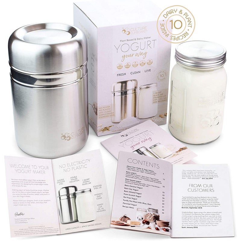 Stainless Steel Yoghurt Maker with 1 Quart Glass Jar and Complete Recipe Book