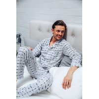 Mens Long Cotton Pjs Pyjamas White Blue Grey Checks (sz S-XXL)