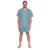 Mens Short Green Blue Checkered Cotton Blend Pyjamas Pjs Set