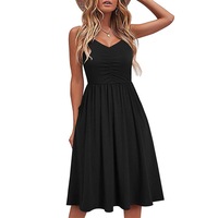Women's V-Neck Spaghetti Strap Dress Summer Casual Swing Sundress with Pockets