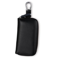 Car Key case, Genuine Leather Car Smart Key Chain Keychain Holder, Metal Hook and Keyring Zipper Bag for Remote Key Fob- Black