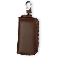 Car Key case, Genuine Leather Car Smart Key Chain Keychain Holder, Metal Hook and Keyring Zipper Bag for Remote Key Fob- Brown