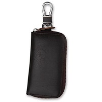 Car Key case, Genuine Leather Car Smart Key Chain Keychain Holder, Metal Hook and Keyring Zipper Bag for Remote Key Fob- Coffee