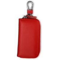 Car Key case, Genuine Leather Car Smart Key Chain Keychain Holder, Metal Hook and Keyring Zipper Bag for Remote Key Fob- Red