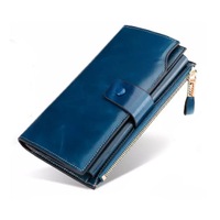 Women's RFID Blocking Large Capacity Luxury Wax Genuine Leather Clutch Wallet Ladies Card holder- Blue