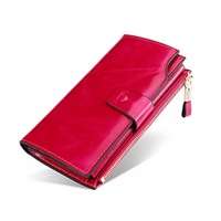 Women's RFID Blocking Large Capacity Luxury Wax Genuine Leather Clutch Wallet Ladies Card holder- Rose Red