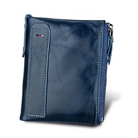 Mens Genuine Leather Bifold Wallet Double Zipper Pocket Wallet Purse- Blue