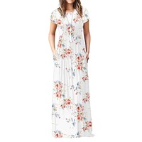Women's Short Sleeve Long Floor Length Maxi Slim Beach Dresses - Rose on White
