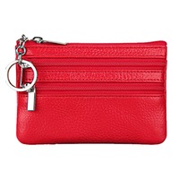 Women's Genuine Leather Coin Purse Mini Pouch Change Wallet with Key Ring- Red