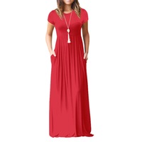 Women Short Sleeve Loose Plain Maxi Dresses Casual Long Dresses with Pockets - Red