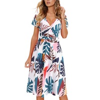 Women's Short Sleeve V-Neck Wrap Dress - Pink Leaves on White