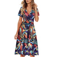 Women's Short Sleeve V-Neck Wrap Dress - Red Leaves