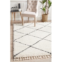 Rug Culture Ivory & Black Geometric Modern Shag Rug
