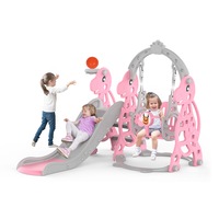 4 in 1 Toddler Slide and Swing Set Basketball Hoop Safety High Handrail Age 0-6 Indoor Outdoor Backyard Pink Dinosaur