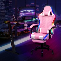 Gaming Chair Desk Set Racing Workstation and Gaming Chair 12 RGB LED Massage Ergonomic Executive Office Chair with Footrest Pink & White