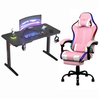 Gaming Chair Desk Set Racing Workstation and Gaming Chair 12 RGB LED Massage Racing Recliner with Footrest Pink & White