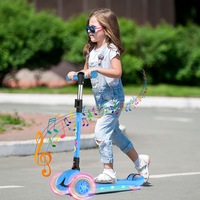 Kids Scooter 3 Wheel 4 Adjustable Height Foldable with LED Light Flashing & Music for Ages 3-12 Blue