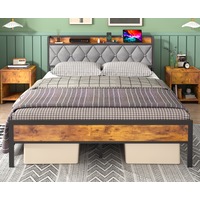 Ufurniture Bed Frame Queen Size Mattress Base with Charging Station and USB Ports Industrial Storage Headboard