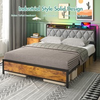 Ufurniture Double Bed Frame Metal Storage Headboard Shelf with Remote RGB LED Lights,Charging Station and USB Ports