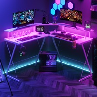 Ufurniture Gaming Desk L Shaped Desk Corner Desk Metal Frame Sturdy Computer Desk with LED Lights & Power Outlets White
