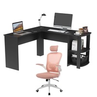 Ufurniture L Shaped Corner Computer Desk and Executive Office Mesh Chair Set(Black+Pink)