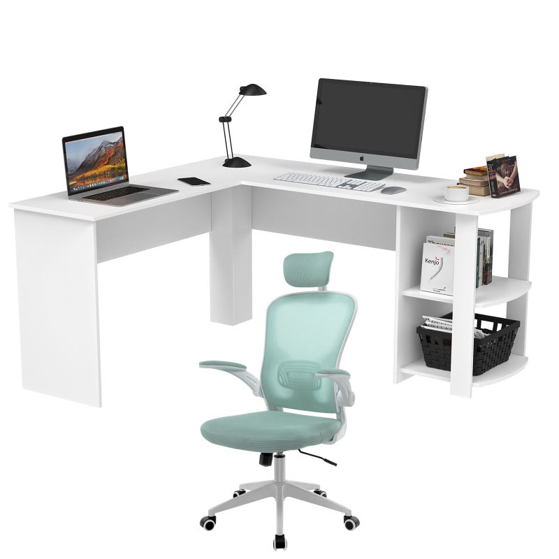Ufurniture L Shaped Corner Computer Desk and Executive Office Mesh Chair Set(White+Blue)