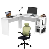 Ufurniture L Shaped Corner Computer Desk and Executive Office Mesh Chair Set(White+Green)