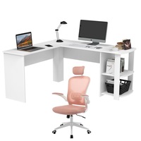 Ufurniture L Shaped Corner Computer Desk and Executive Office Mesh Chair Set(White+Pink)