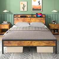 Ufurniture Queen Bed Frame Metal Storage Headboard Shelf with Charging Station and USB Ports