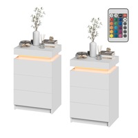 Ufurniture Set of 2 BedSide Table LED RGB 3 Drawers Nightstand With Lift Up Storage Cabinet White