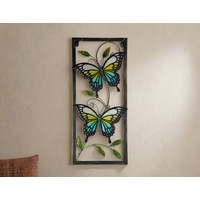 Twin Butterfly Glass Metal Wall Art Home Decor Hanging Decoration Gift- 71x31cm