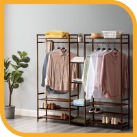 Furb 170cm Open Wardrobe Bamboo Clothes Hanging Rail Garment Rack Shoe Shelf Storage Organiser